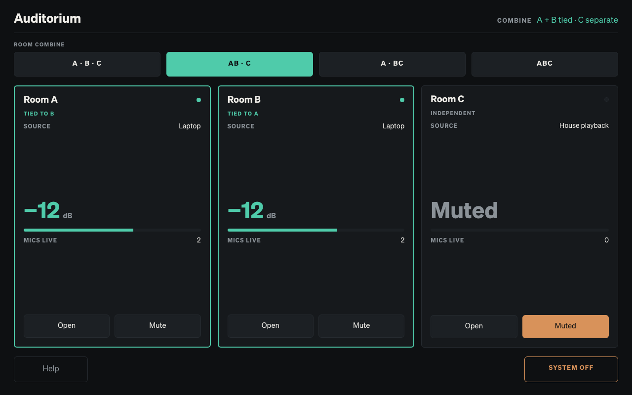 Q-SYS touchscreen interface for a three-room divisible auditorium: a room-combine selector across the top and one status card per room showing source, program level, and live microphone count.